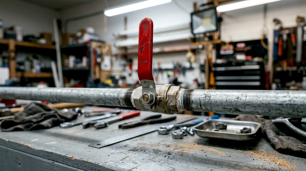 Close-up of ball valve on copper pipe