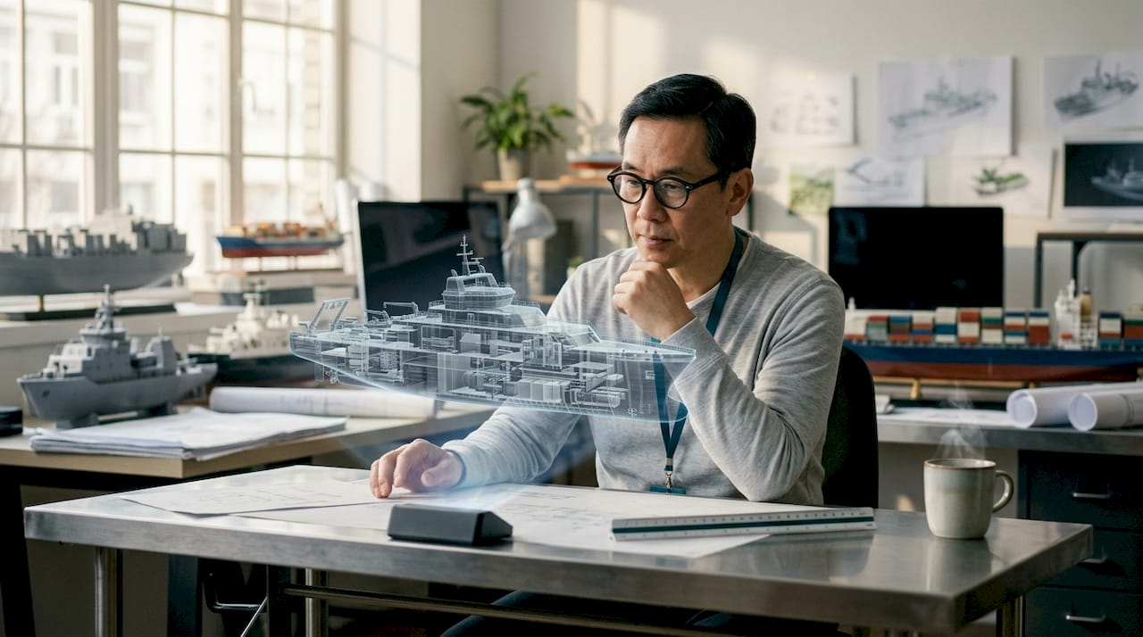 Naval architect examining digital twin ship model in studio