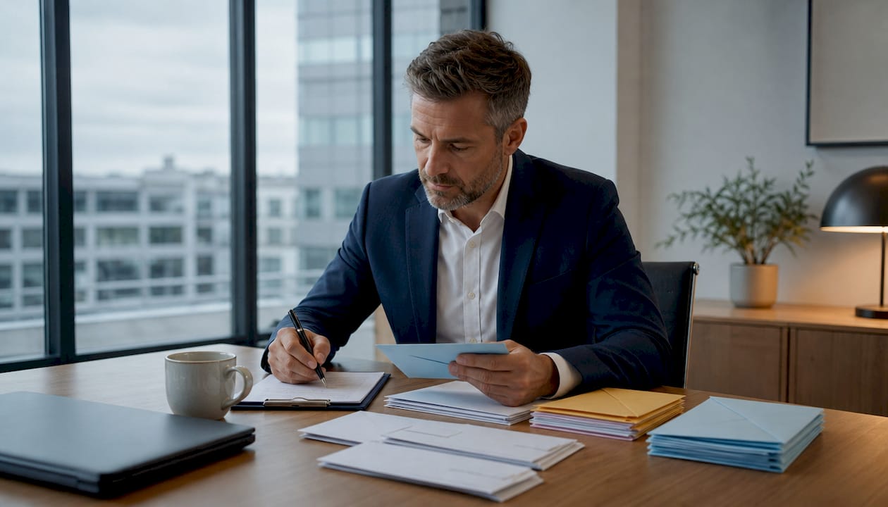 Man organizing segmented email lists