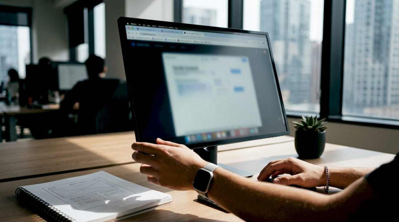 Hands adjusting minimalist website navigation design