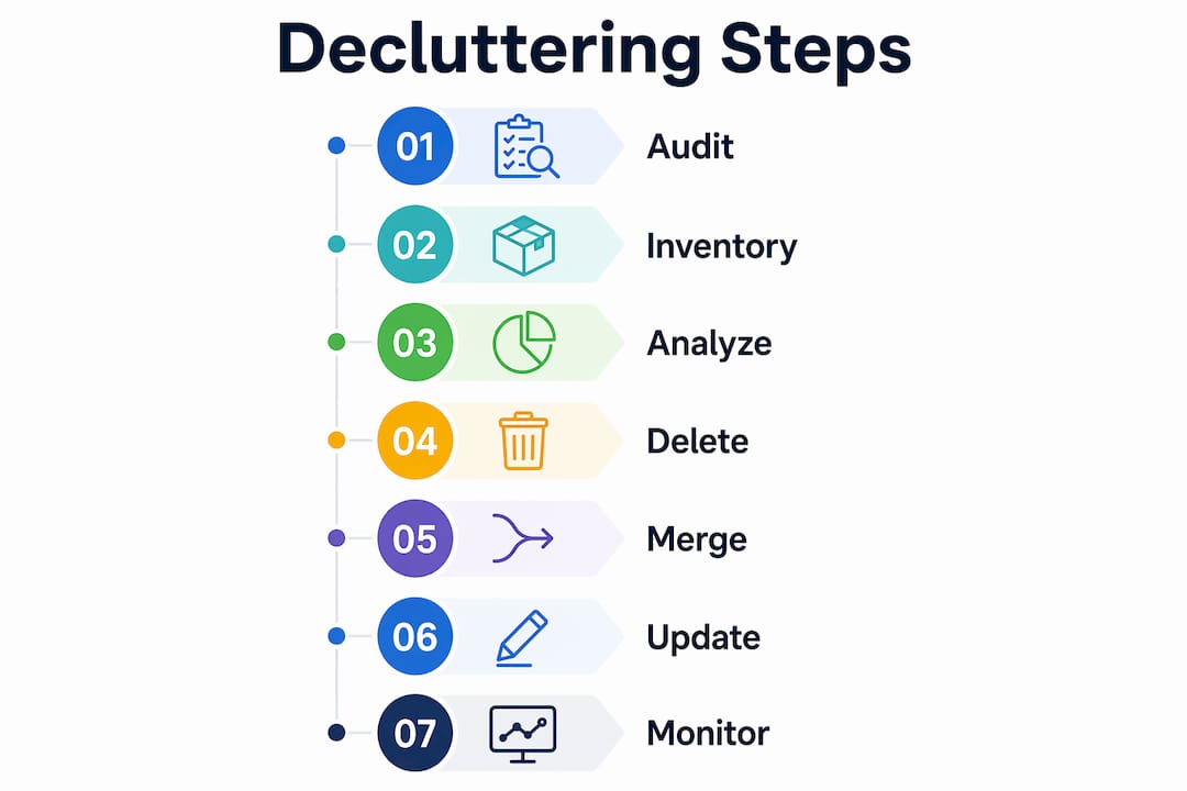 Infographic showing website decluttering steps for SEO