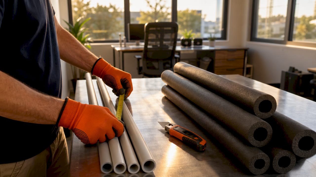 Hands measuring pipes with insulation tools on workbench