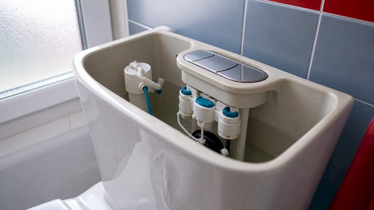 Close-up of dual flush toilet tank mechanism