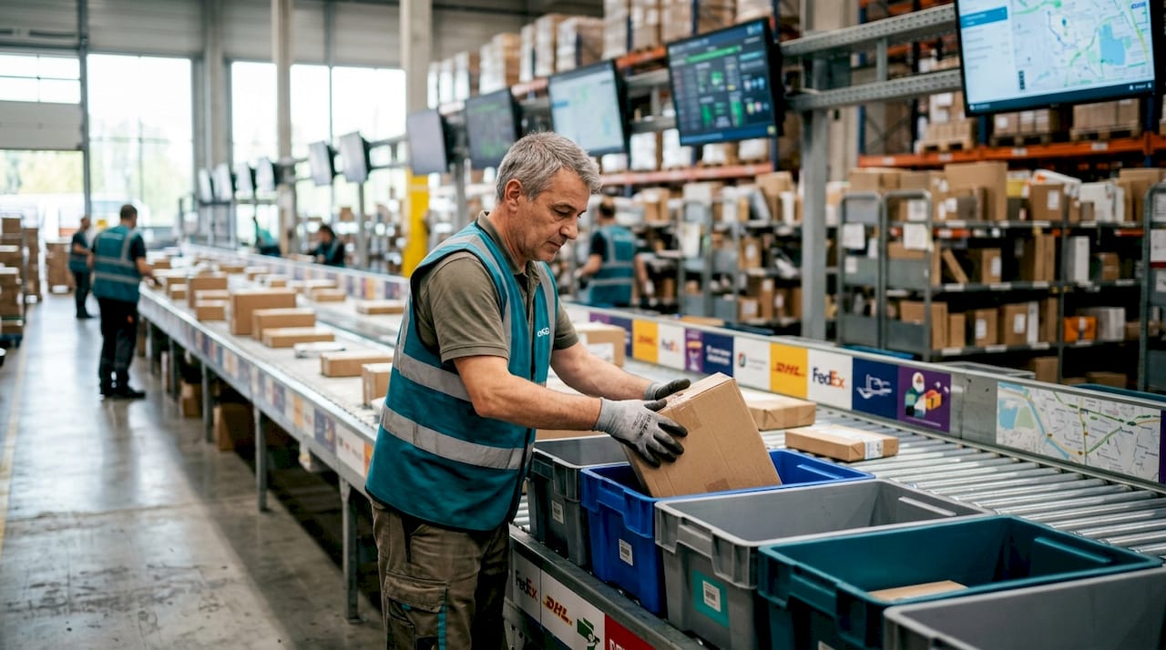 Worker sorting parcels for multiple couriers