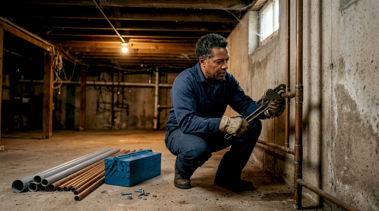Plumber fixing pipe leak under foundation