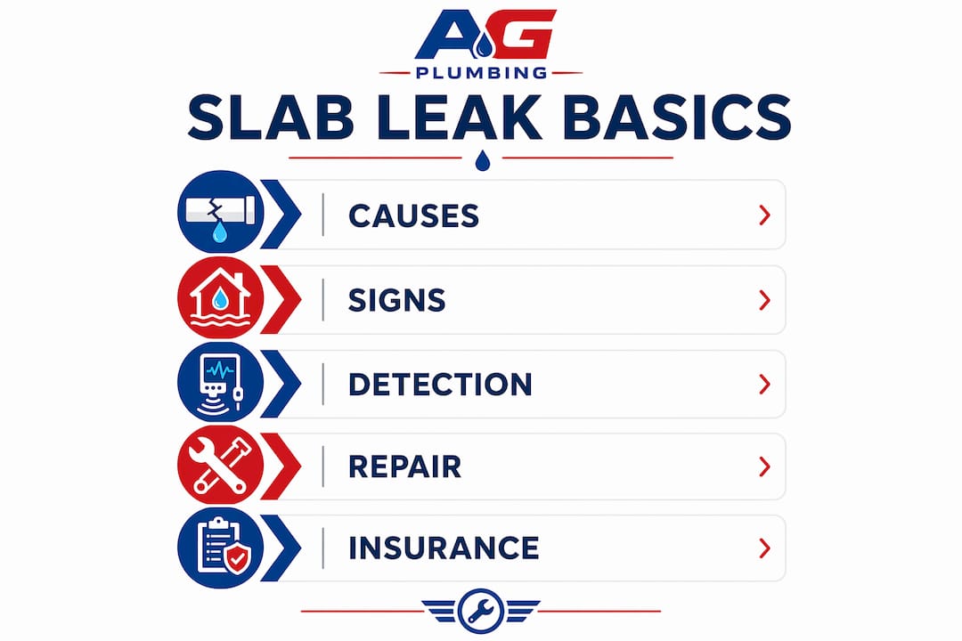 Infographic illustrating slab leak basics and key steps