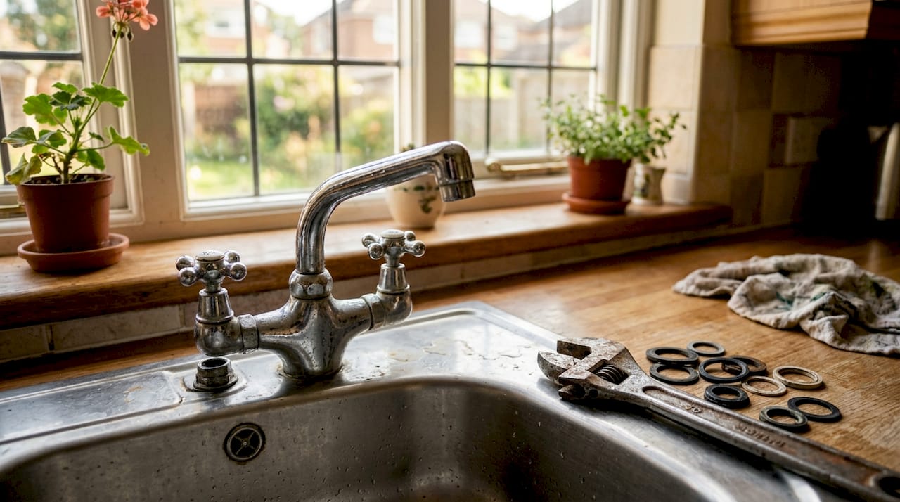 Compression faucet with wrench and replacement parts