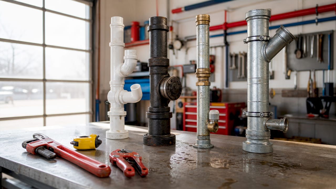 Overhead view of assorted plumbing riser pipes on workbench