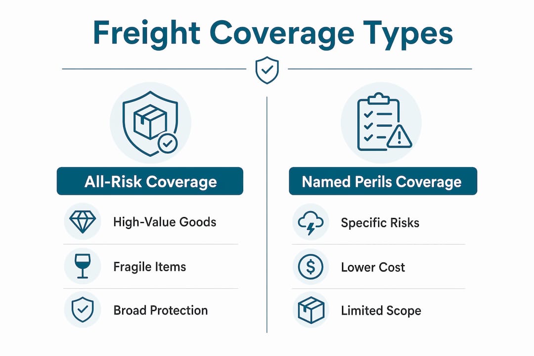 Infographic comparing all-risk and named perils freight insurance coverage