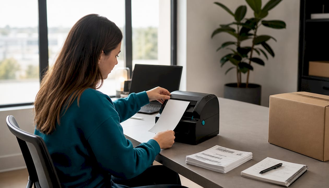 Hands loading labels into thermal printer