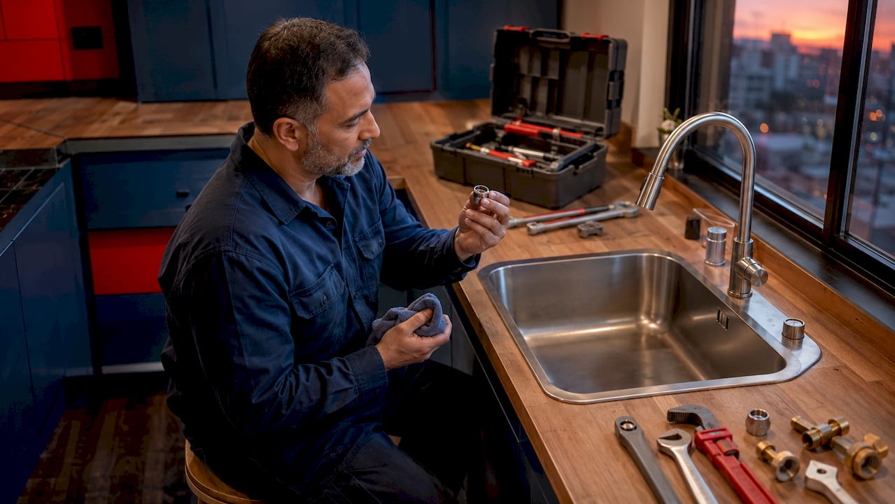 Man installing faucet aerator under sink