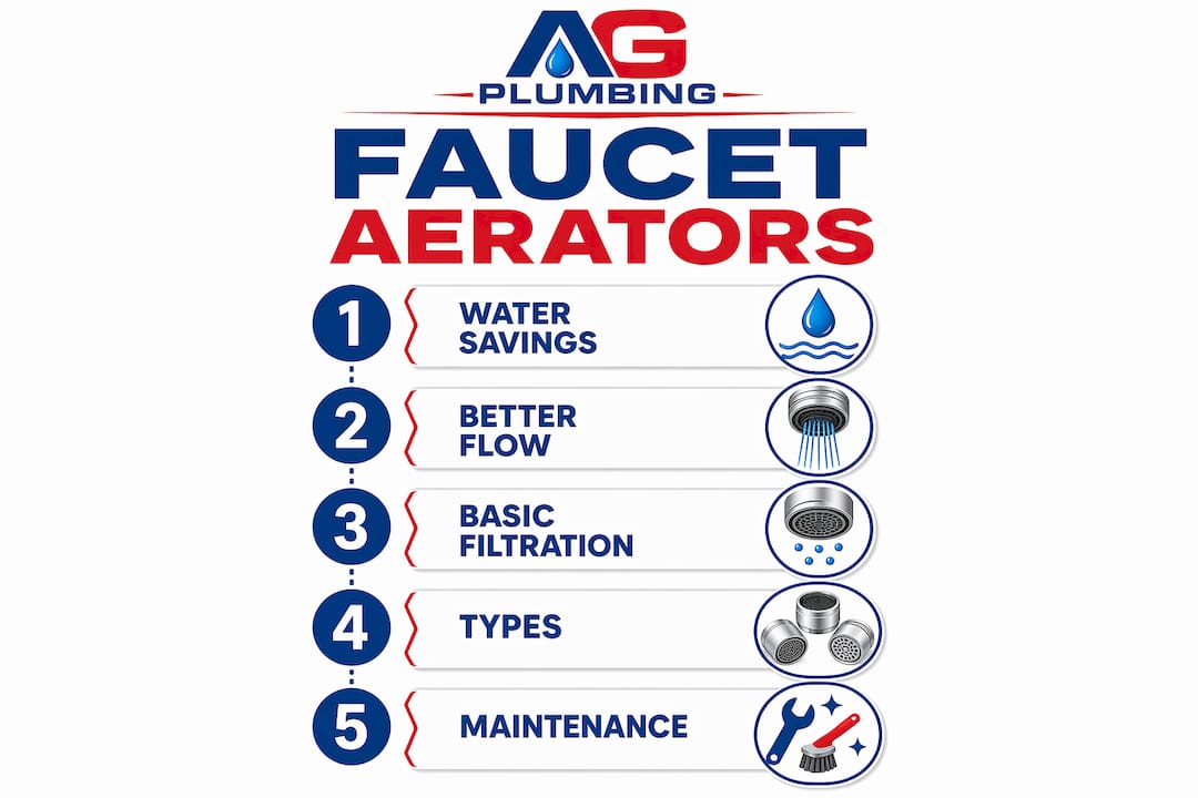 Infographic showing benefits and types of faucet aerators in numbered steps