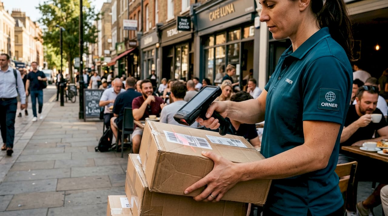 Courier scanning delivery package barcode