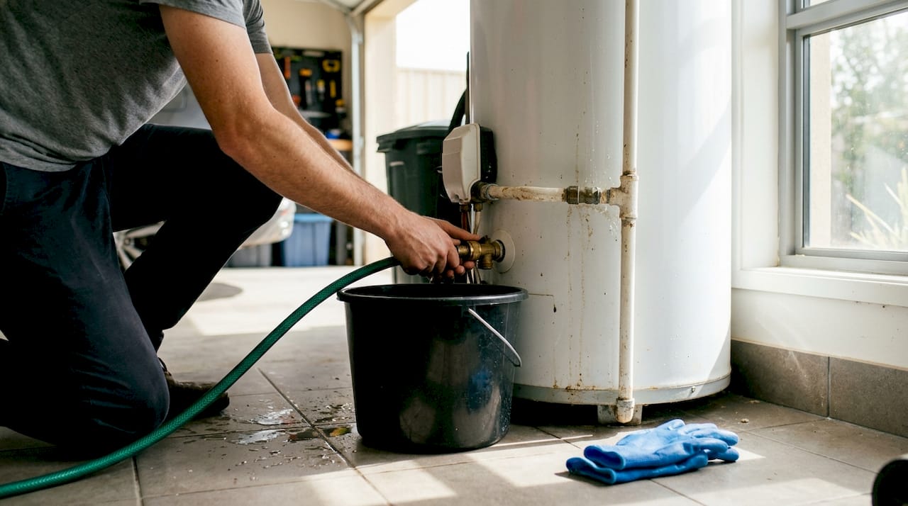 Hands draining water from water heater valve