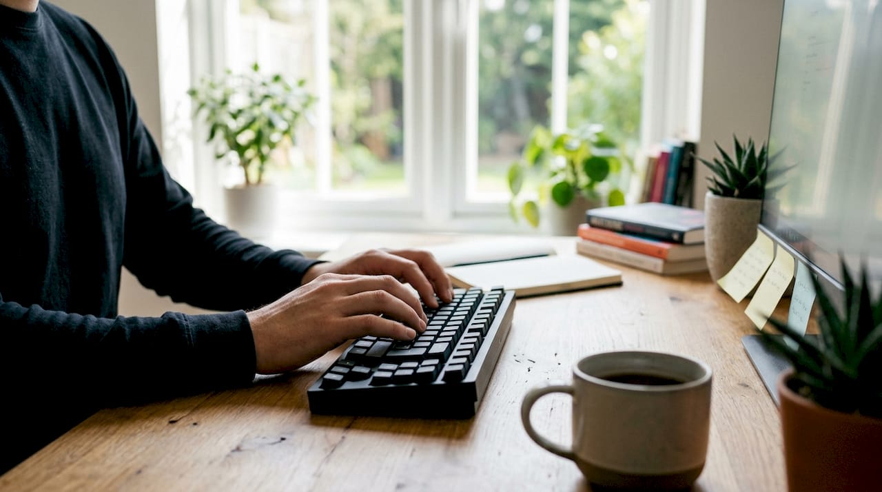 Close-up hands typing on keyboard at home office