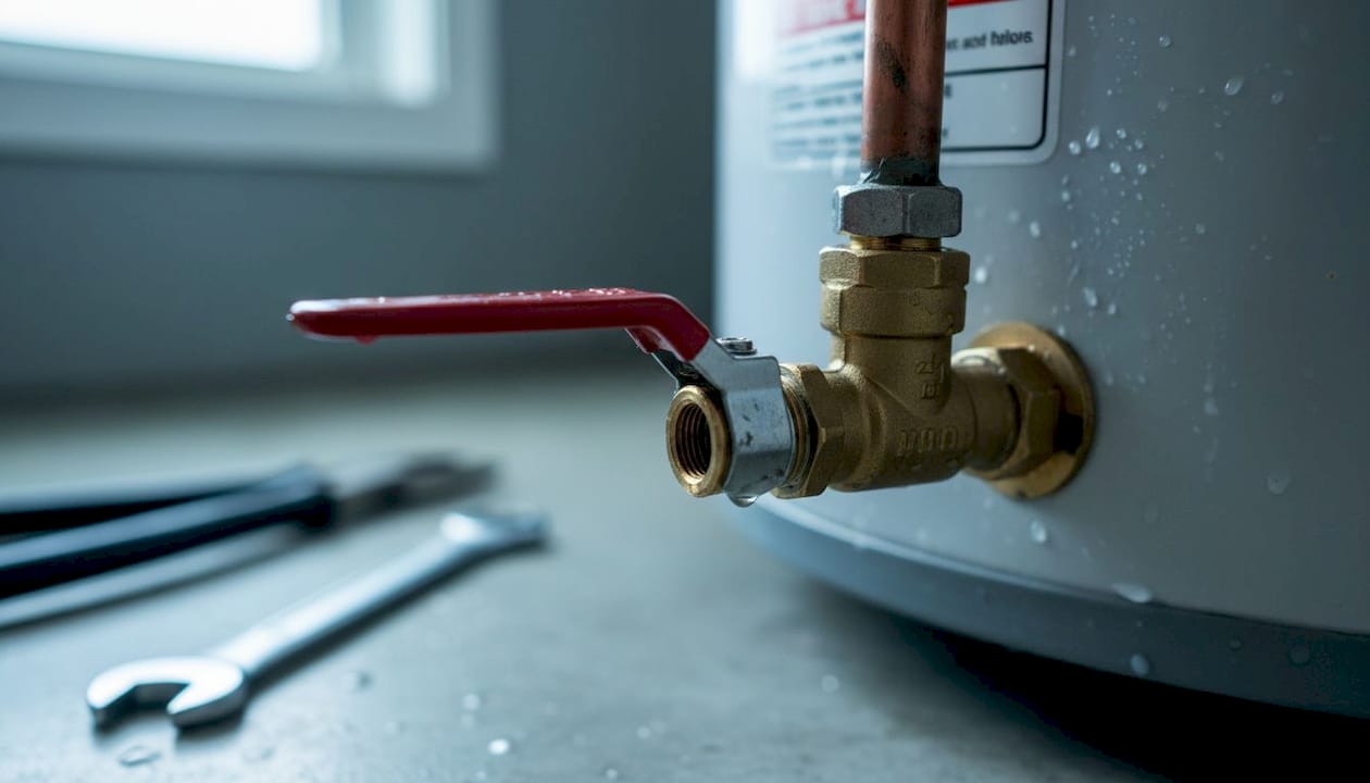 Close-up of TP relief valve on water heater