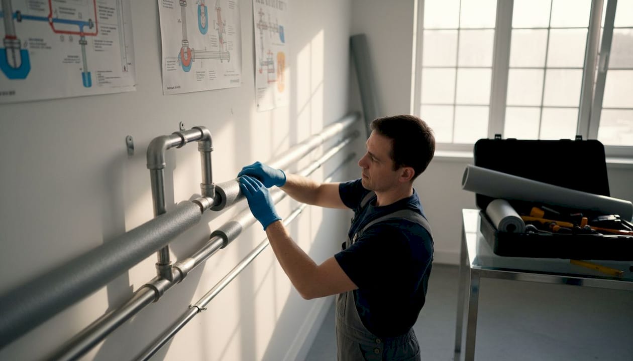 Hands fitting foam insulation on pipe