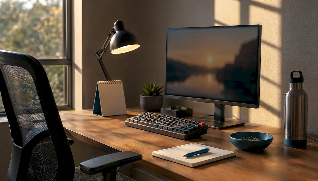 Overhead shot of neat dedicated home office setup