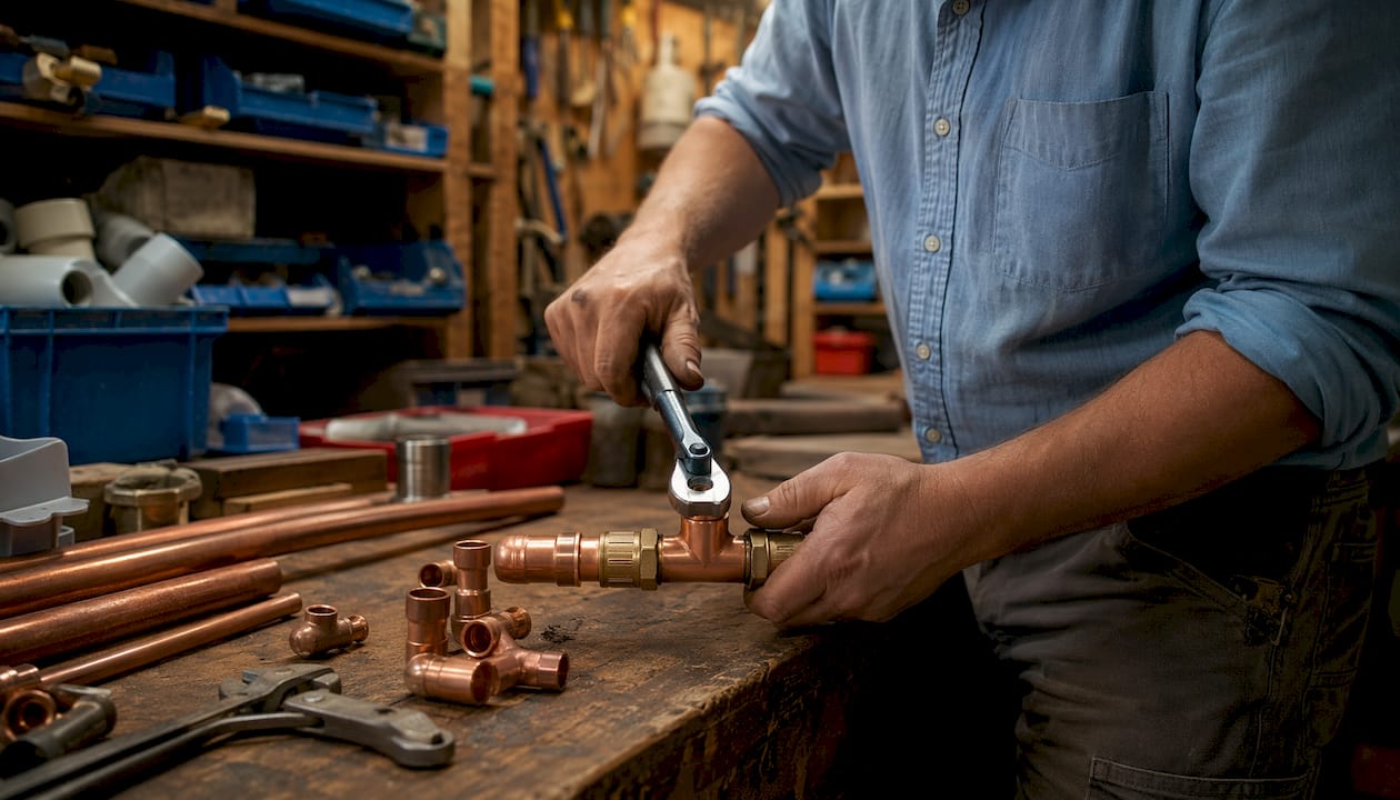 Plumber assembling copper piping in basement workshop
