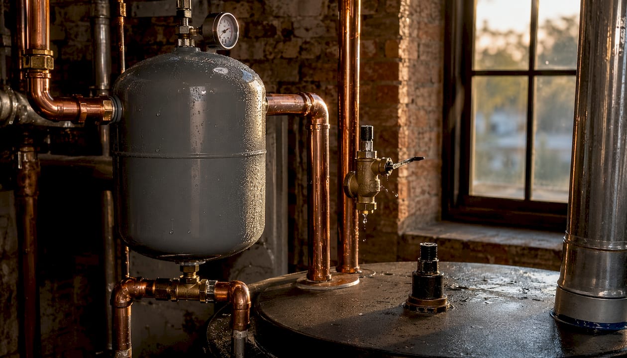 Close-up of expansion tank and pipes in utility room