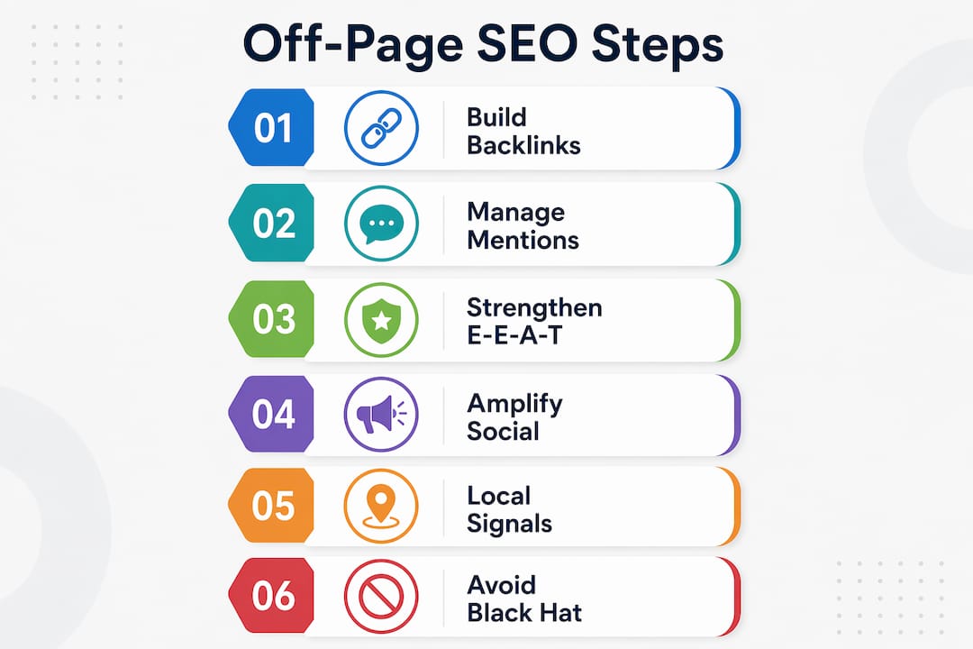 Infographic showing off-page SEO key steps and techniques