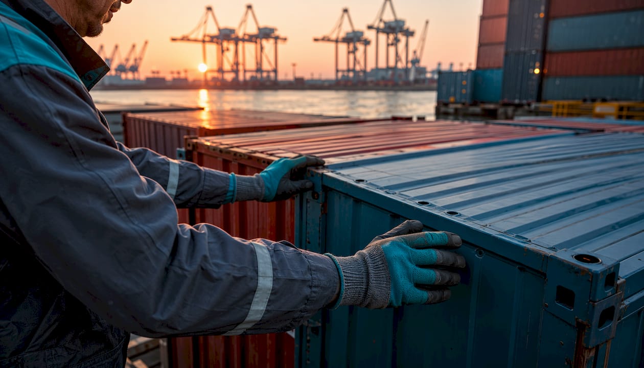 Shipping port with container cranes and freight ship at dusk