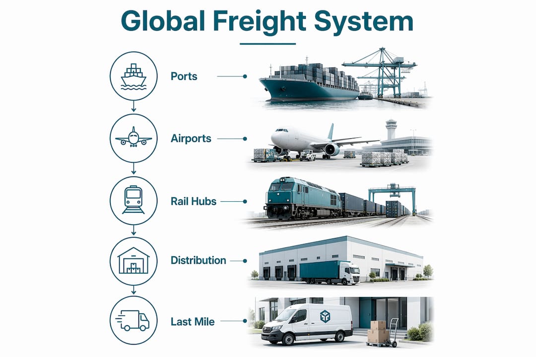 Infographic outlining stages of global freight transportation system