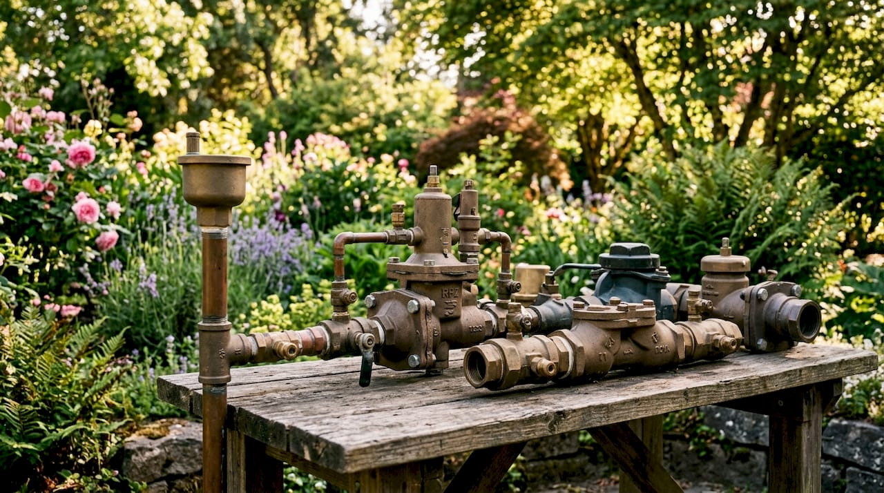 Display of different backflow prevention devices indoors