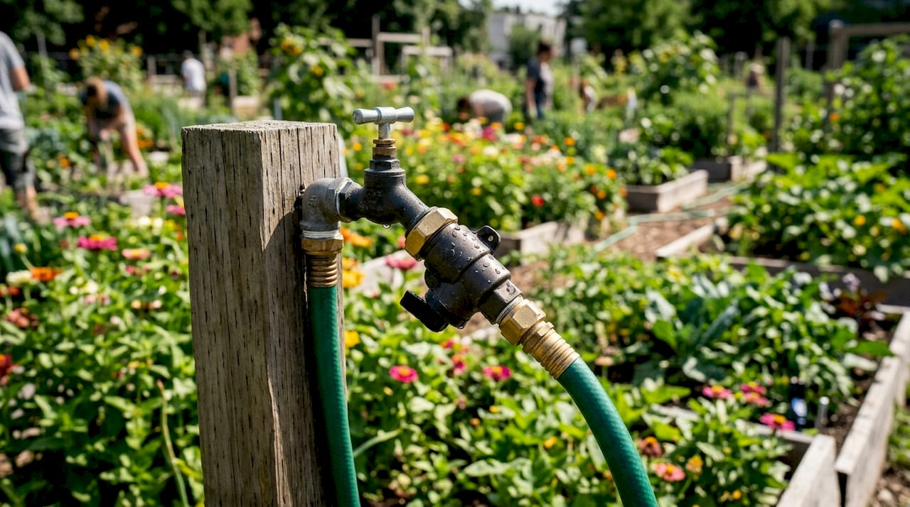 Close-up of irrigation hose with backflow device outdoors