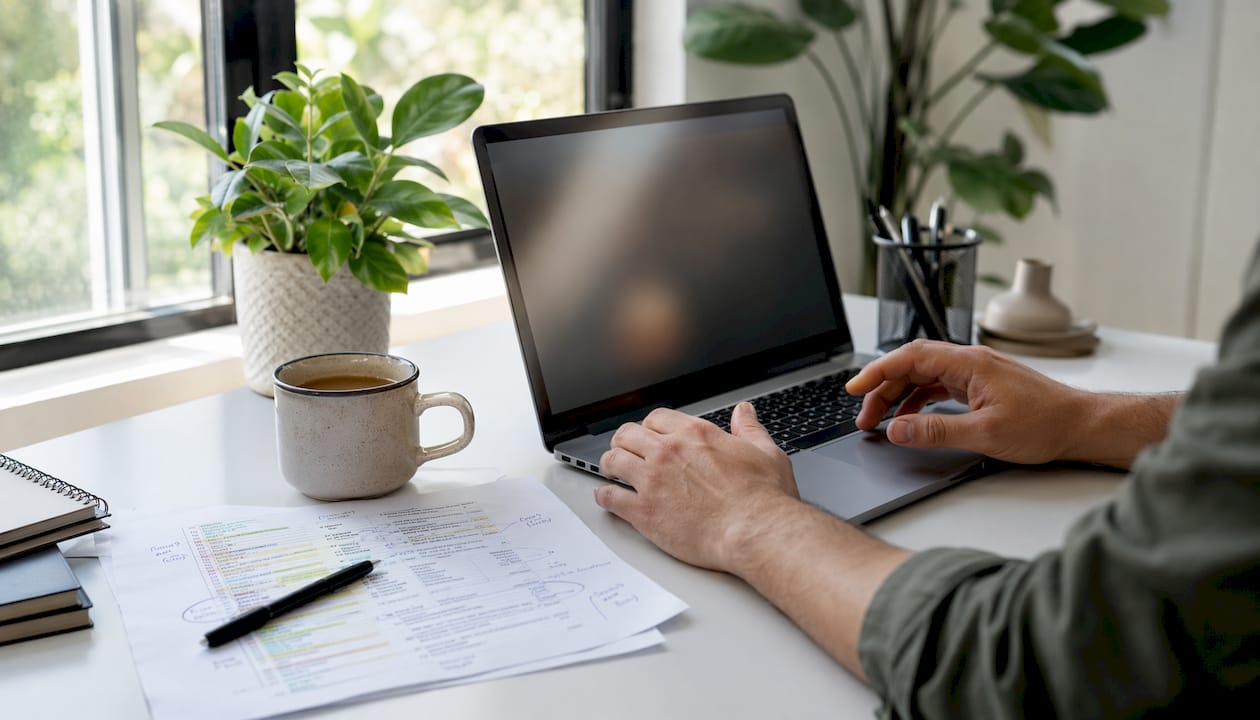 Hands at keyboard using SEO keyword tools