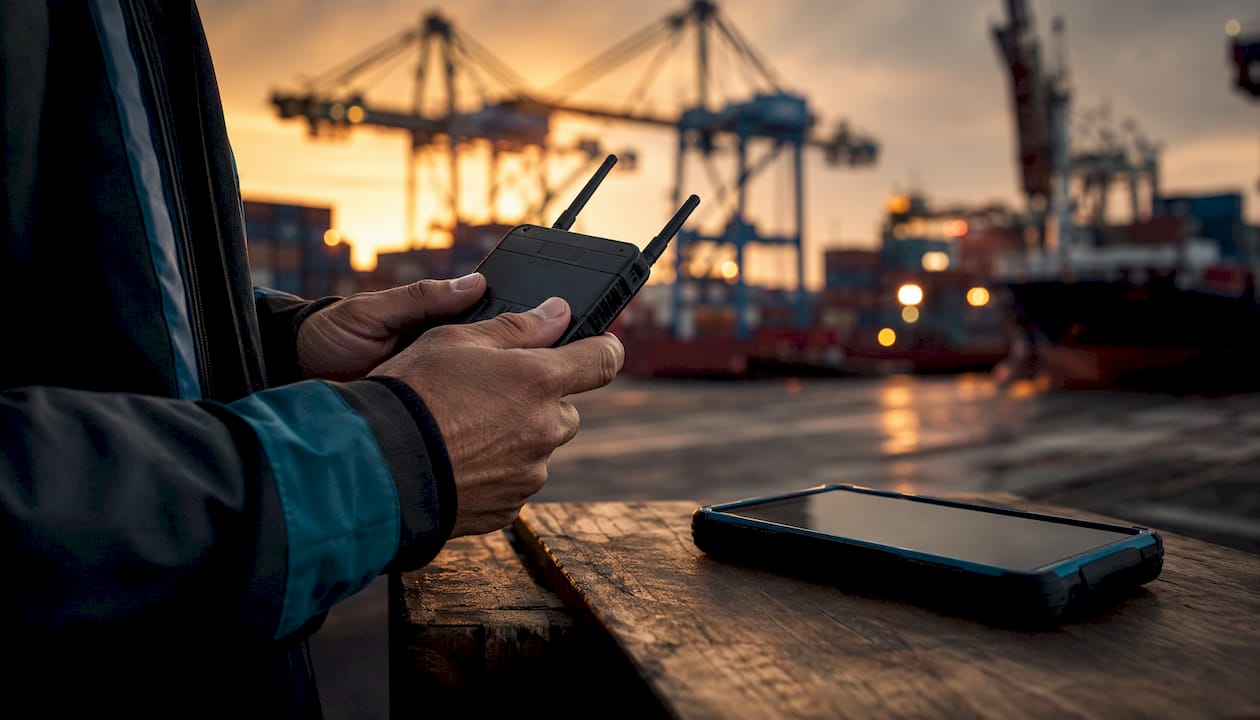 Hands holding IoT device in warehouse