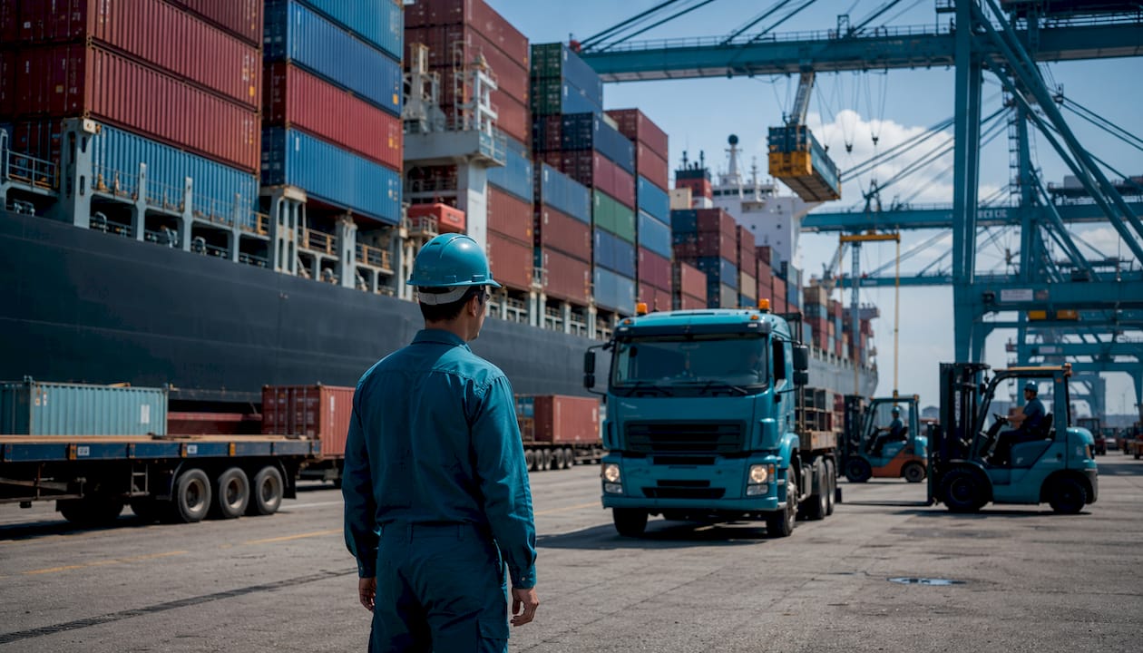 US container port with cargo cranes unloading
