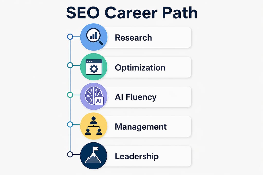 Infographic showing SEO marketer career path steps