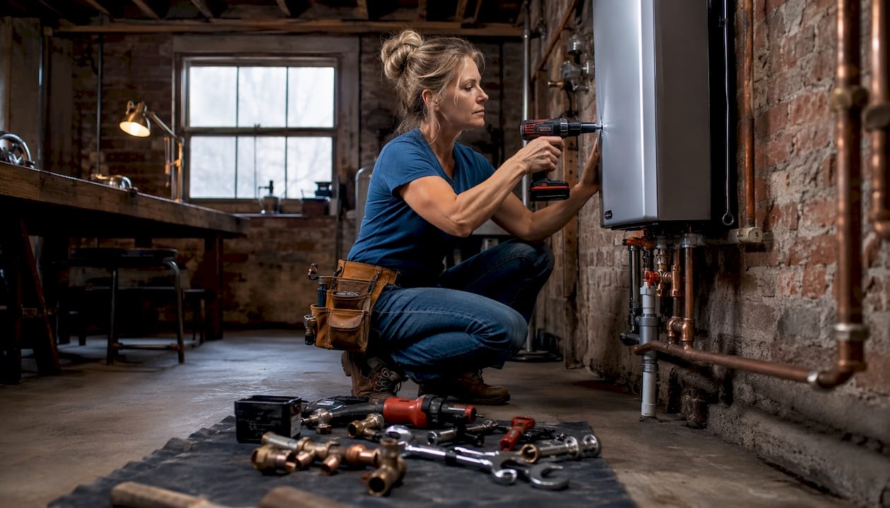 Female contractor installing tankless heater