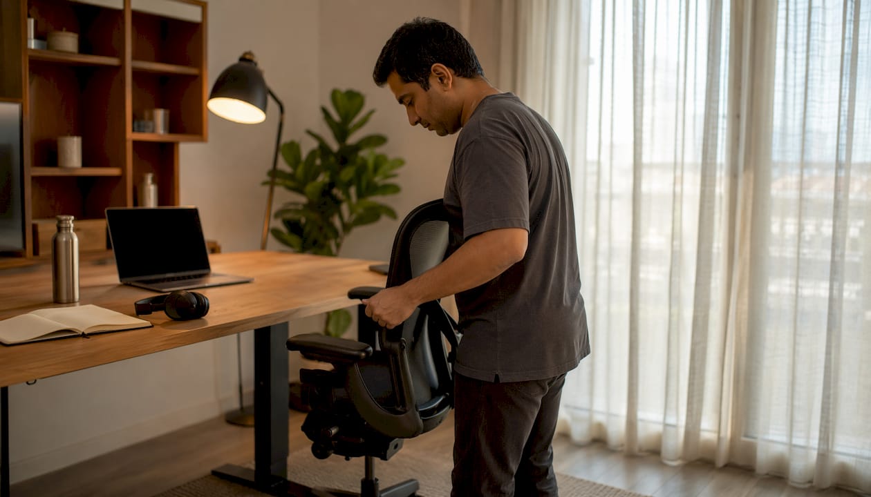 Hands adjusting ergonomic chair in home office setup