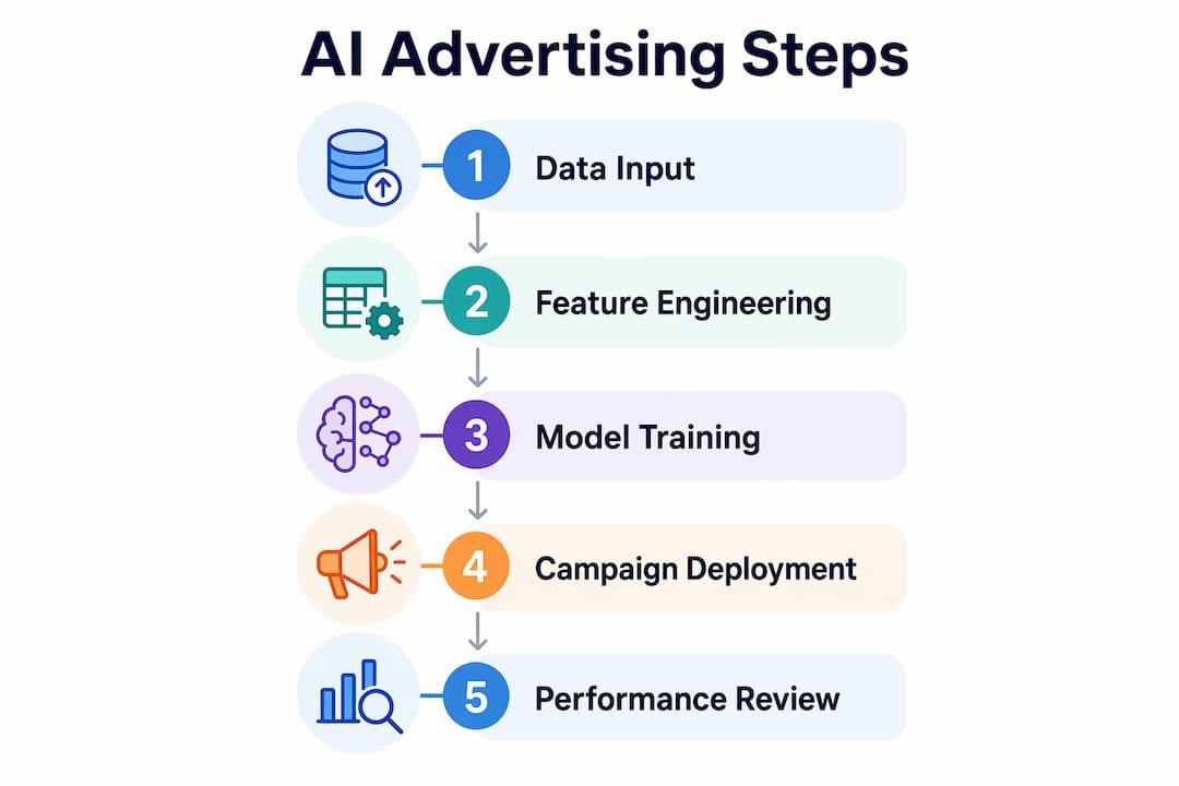 Infographic illustrating AI advertising strategy steps