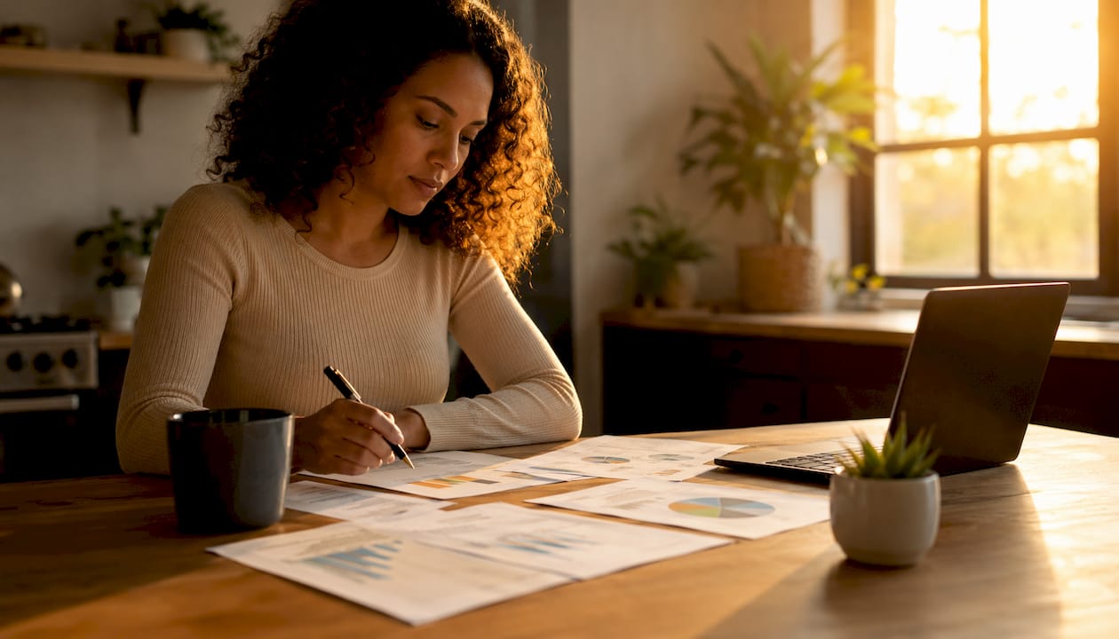 Woman analyzing keyword research sheets