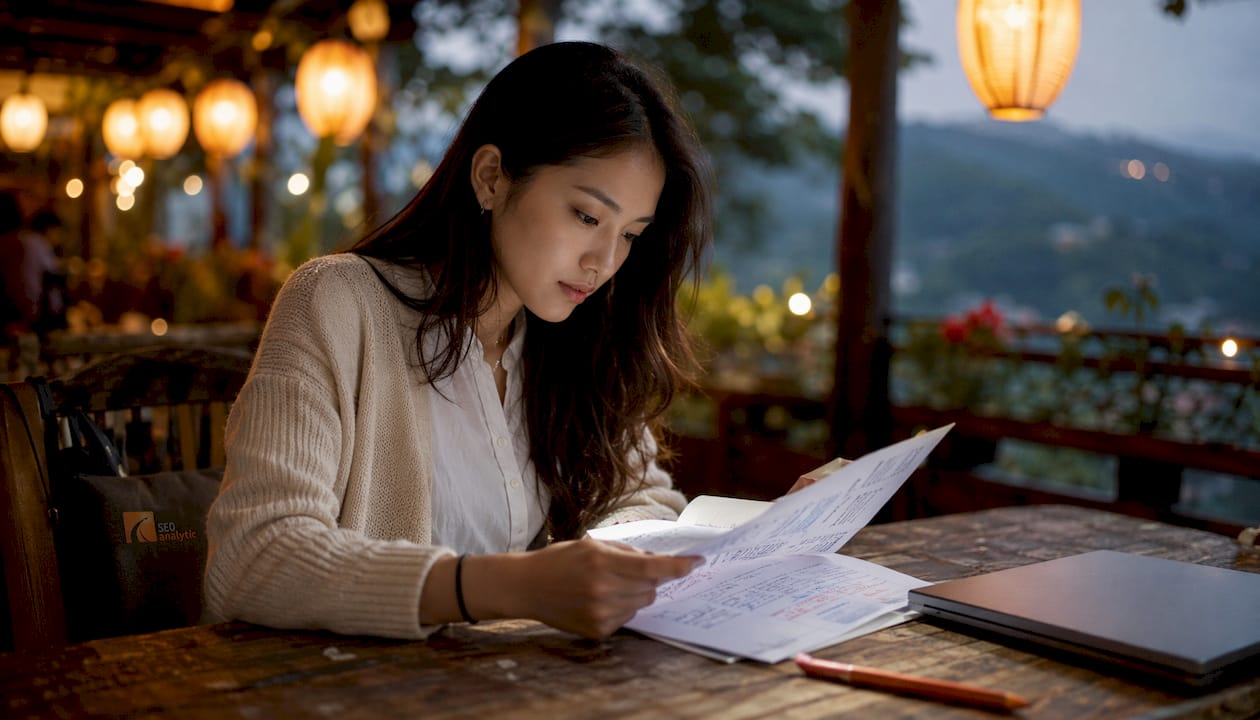 Woman reviewing SEO content drafts at home office desk