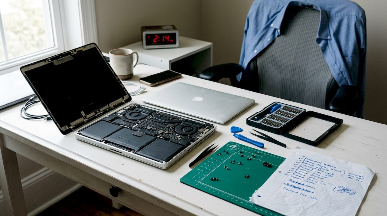 MacBook repair tools and parts on desk