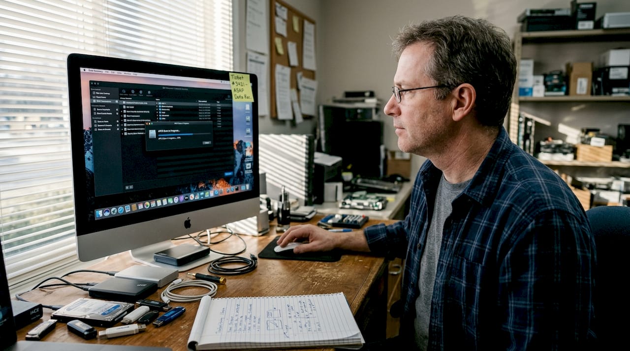 Hard drive restoration: Key steps for Mac users in LA 3 Technician working on Mac APFS recovery