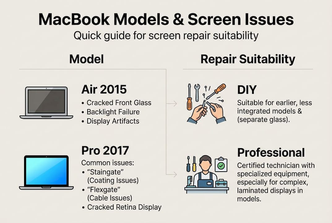 Infographic showing MacBook models screen issues repair suitability