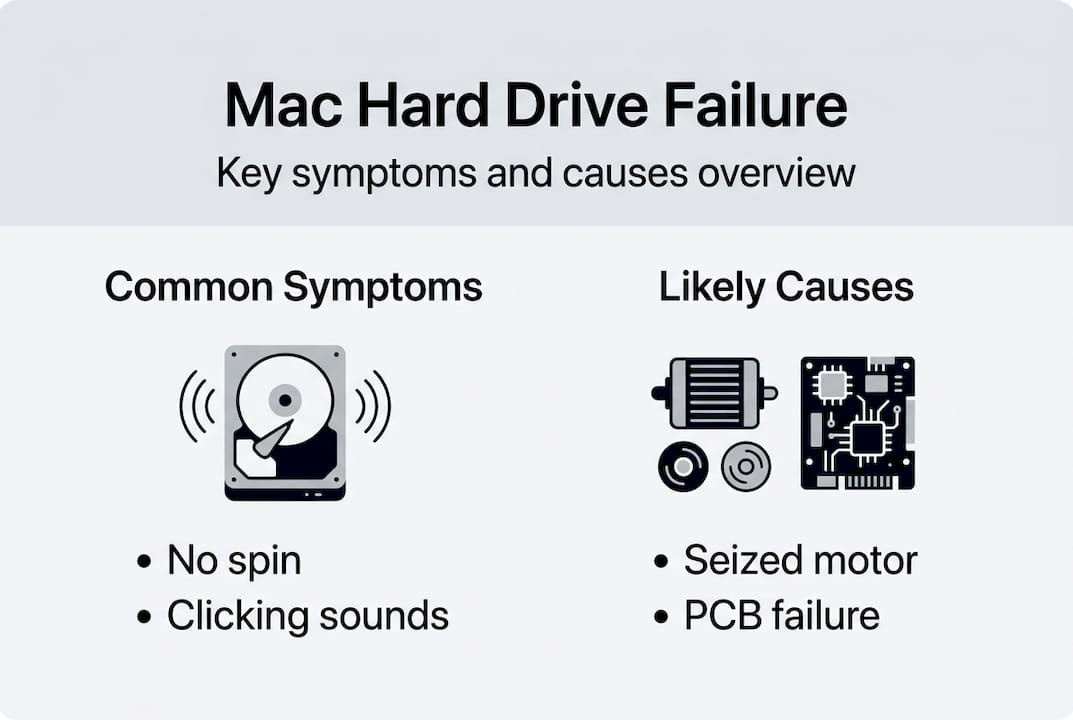 Mac hard drive stopped spinning? Recover data fast 3 Infographic with Mac drive symptoms and causes