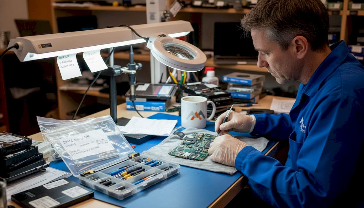 Technician inspecting MacBook for SSD failure