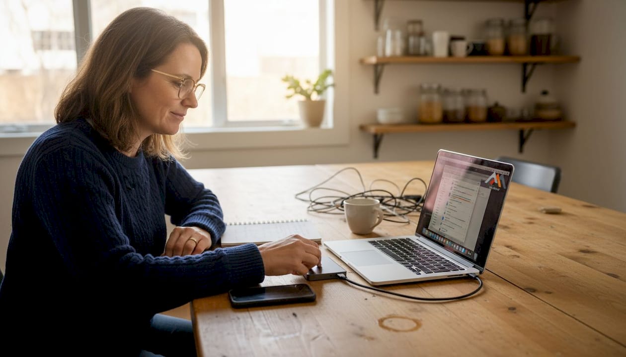 Person recovering MacBook data at kitchen table