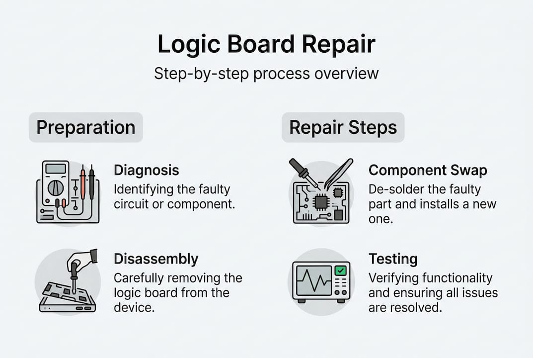 MacBook logic board repair steps infographic