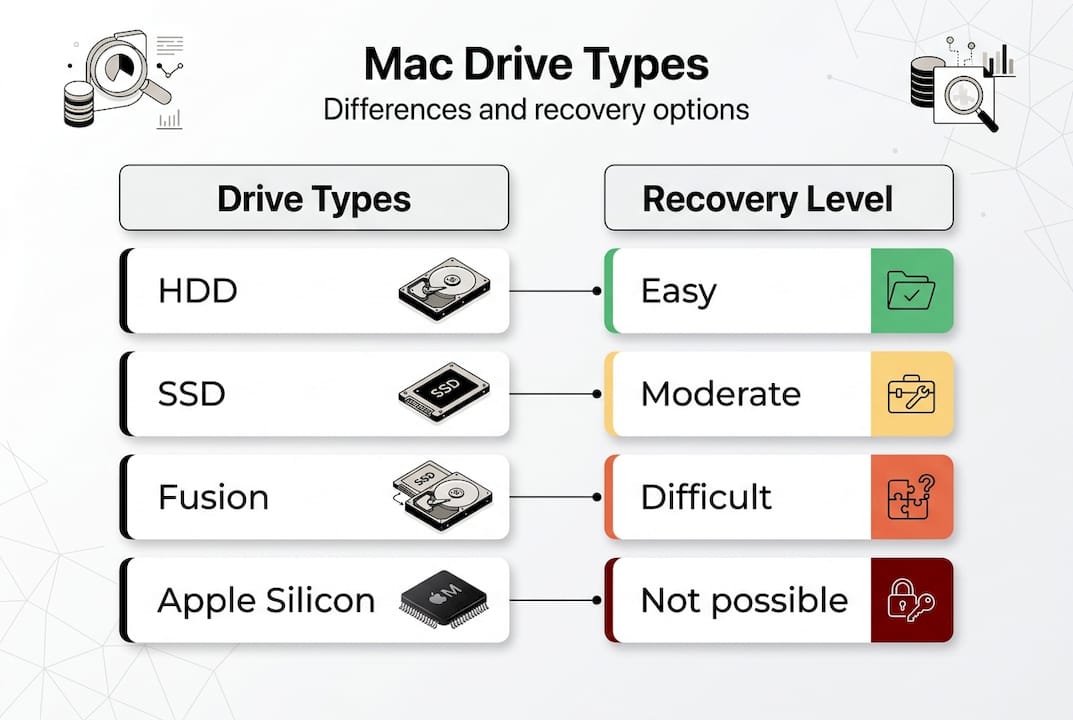 Infographic comparing Mac drive types and recovery