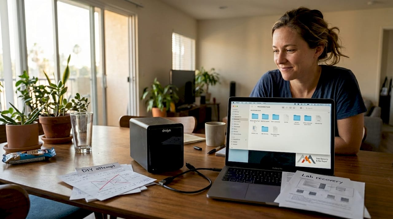 Woman views recovered files after professional data rescue