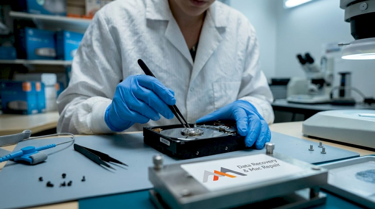 Technician handling hard drive in cleanroom