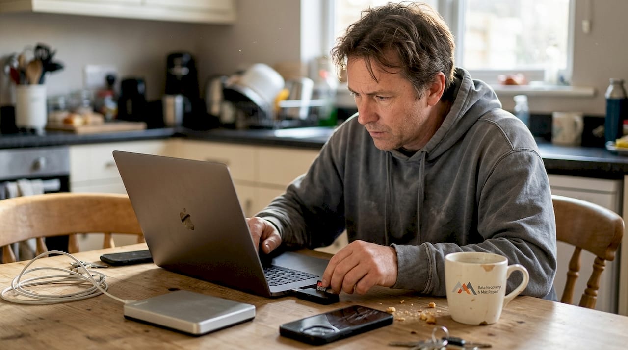 Man using USB card reader on MacBook