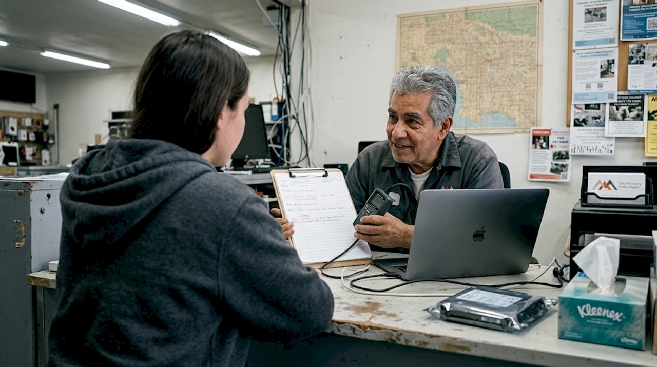 Customer consults technician for Mac repair
